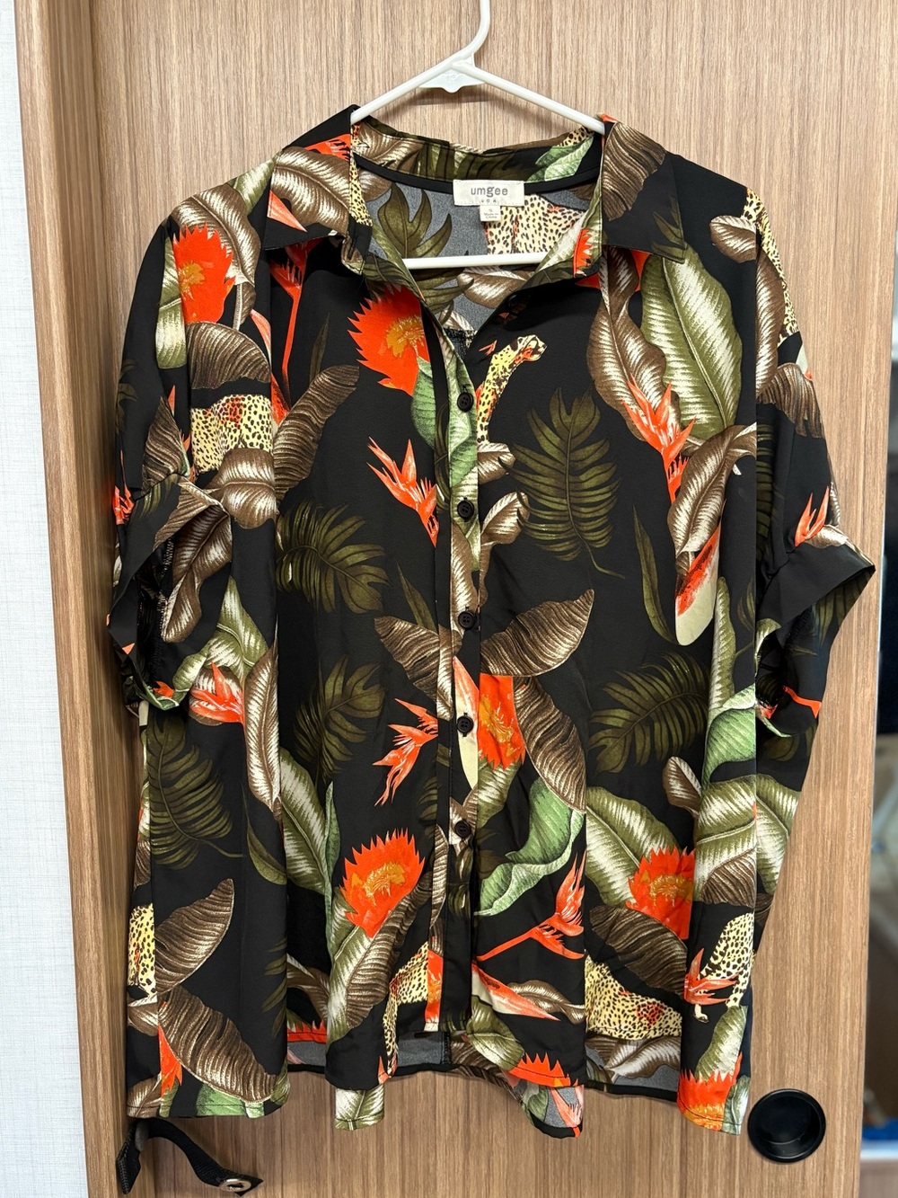 Umgee Oversized Black Button-Up Tropical Print Blouse